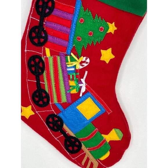 Christmas Holiday Train Embroidered Red & Green Felt Stocking 17" - Picture 2 of 6